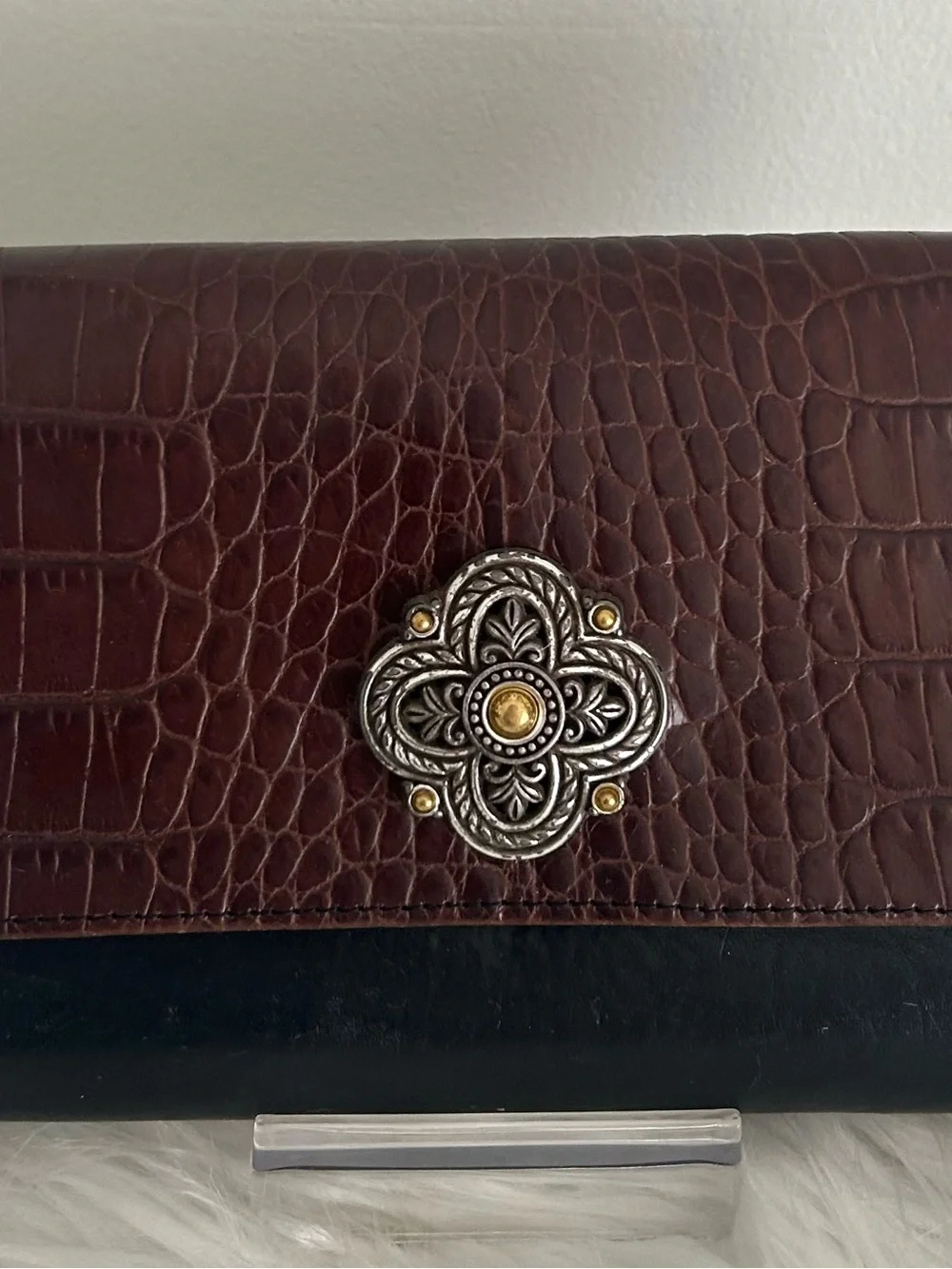 Brighton Brown Croc Embossed Black Leather Organizer Wallet Clutch